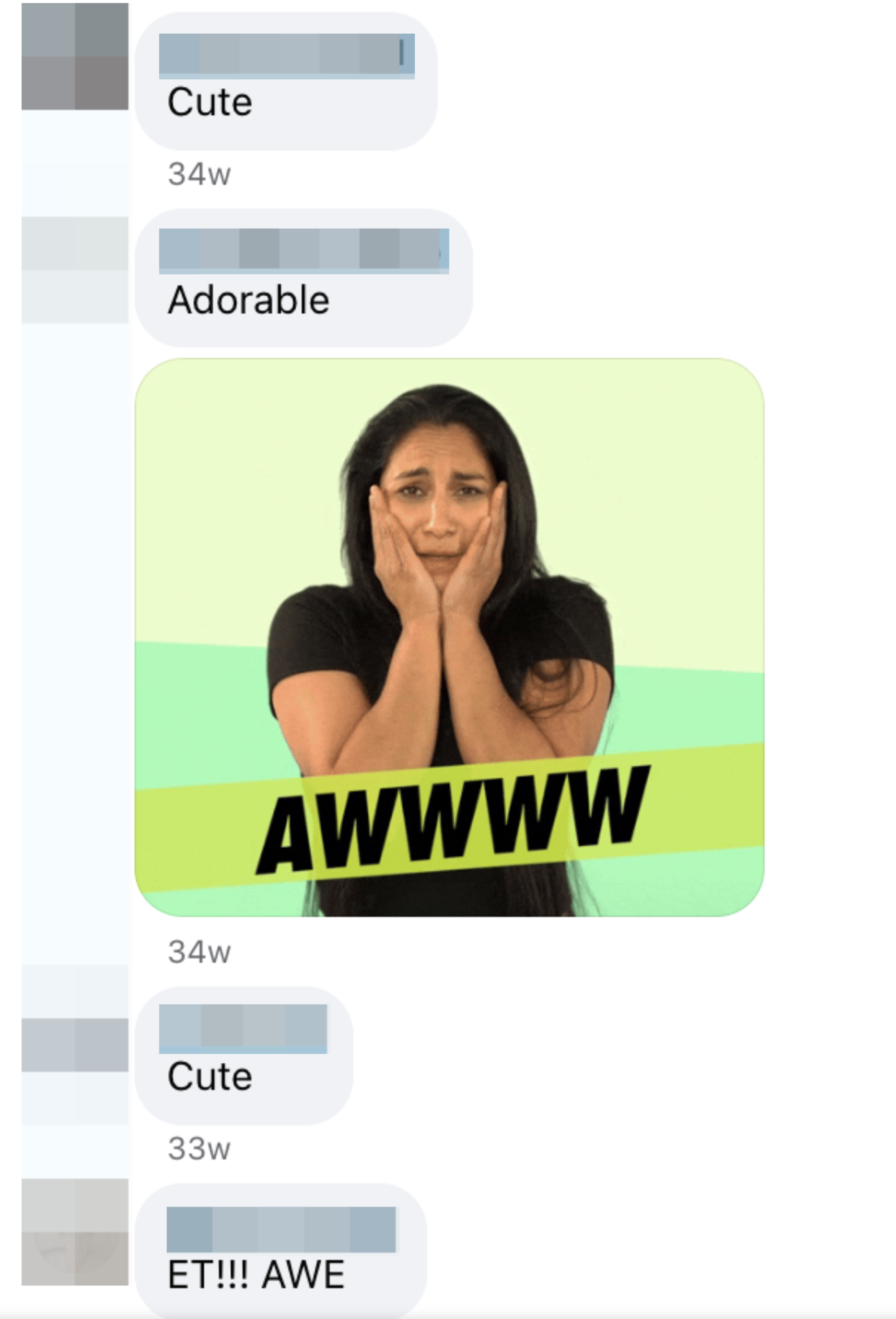 Comments: GIF of woman holding cheeks with "AWWWW" text; "Cute;" "Adorable"