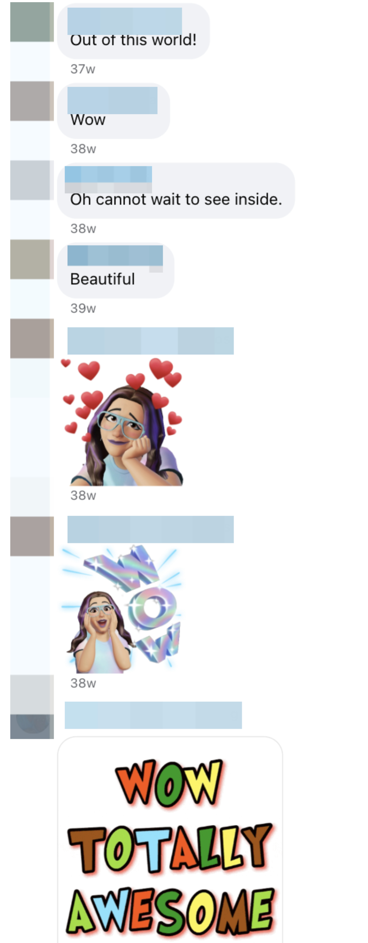 Facebook comments and stickers expressing excitement and admiration, including phrases like "Out of this world!" and "Wow Totally Awesome"
