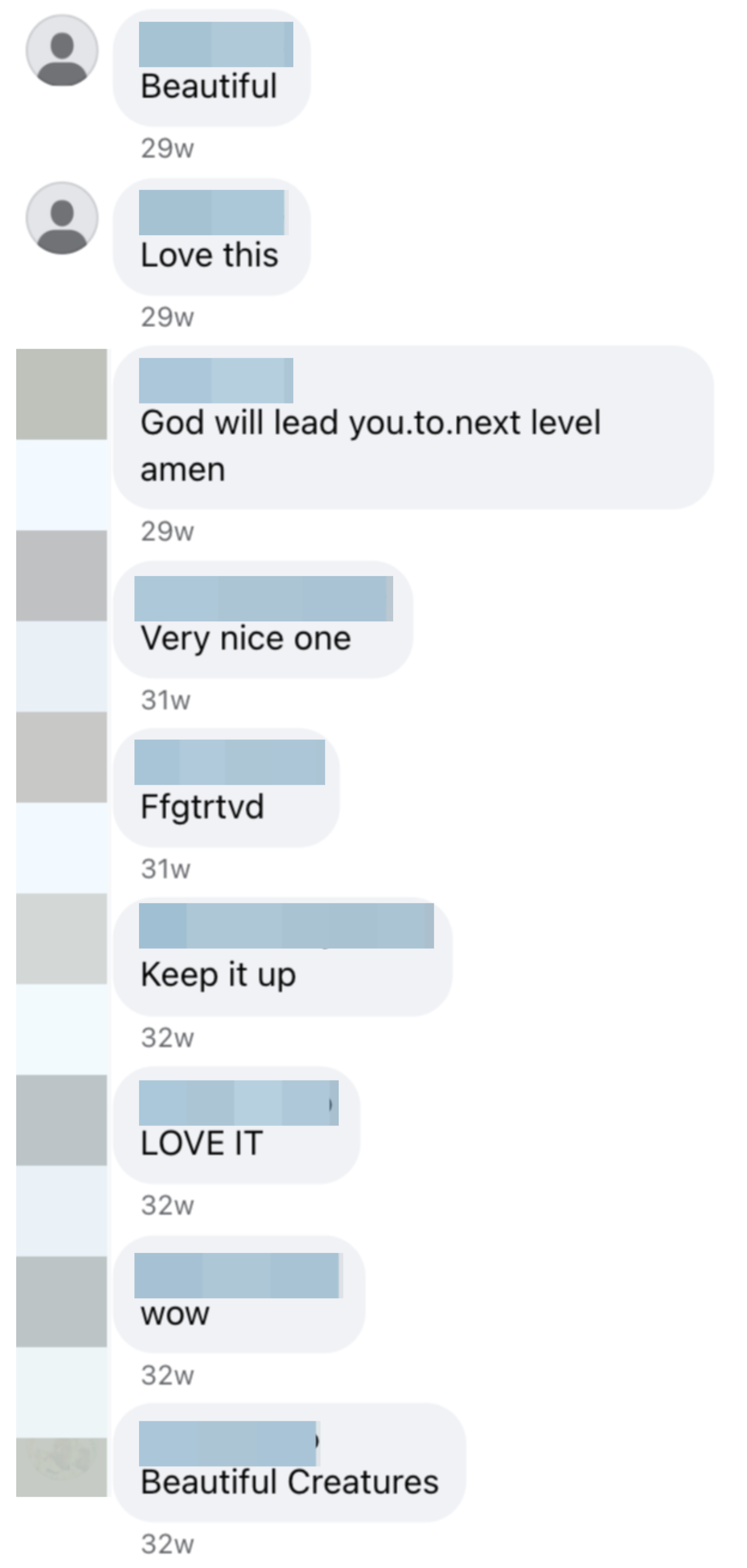 Comment thread with positive remarks like "Beautiful," "Love this," and "Keep it up," along with an inspirational comment about God's guidance