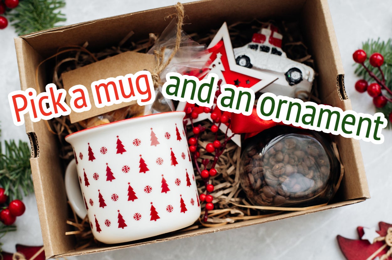Gift box with a holiday mug, ornament, and jar. Text: "Pick a mug and an ornament"