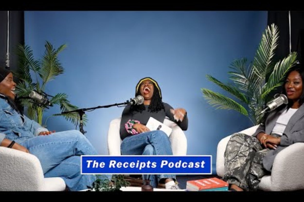Three people recording "The Receipts Podcast" in a studio with plants and microphones, all smiling and wearing casual outfits