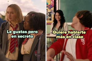 Imagen dividida: una escena muestra a dos estudiantes con texto "Le gustas pero en secreto". Otra escena en un aula con texto "Quiere hablarte más en clase"