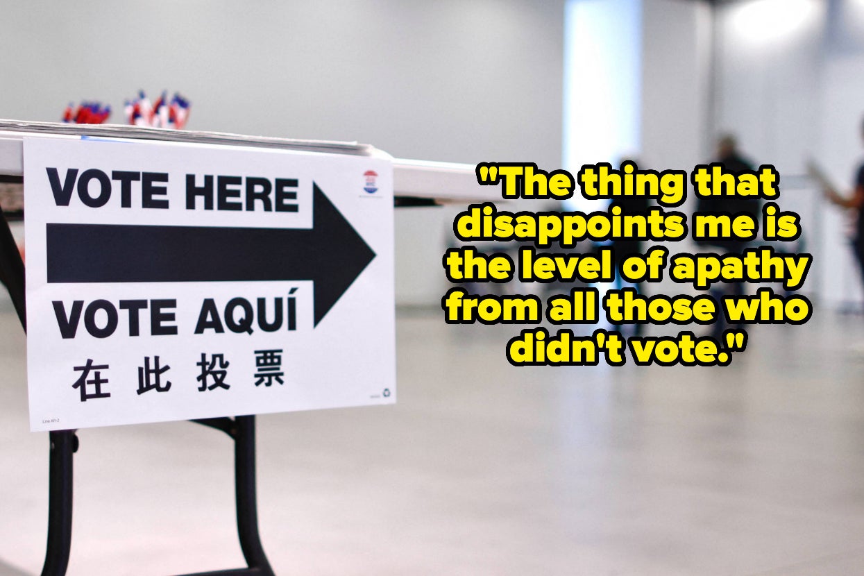 Sign with arrows directs to a voting location, accompanied by a quote about voter apathy