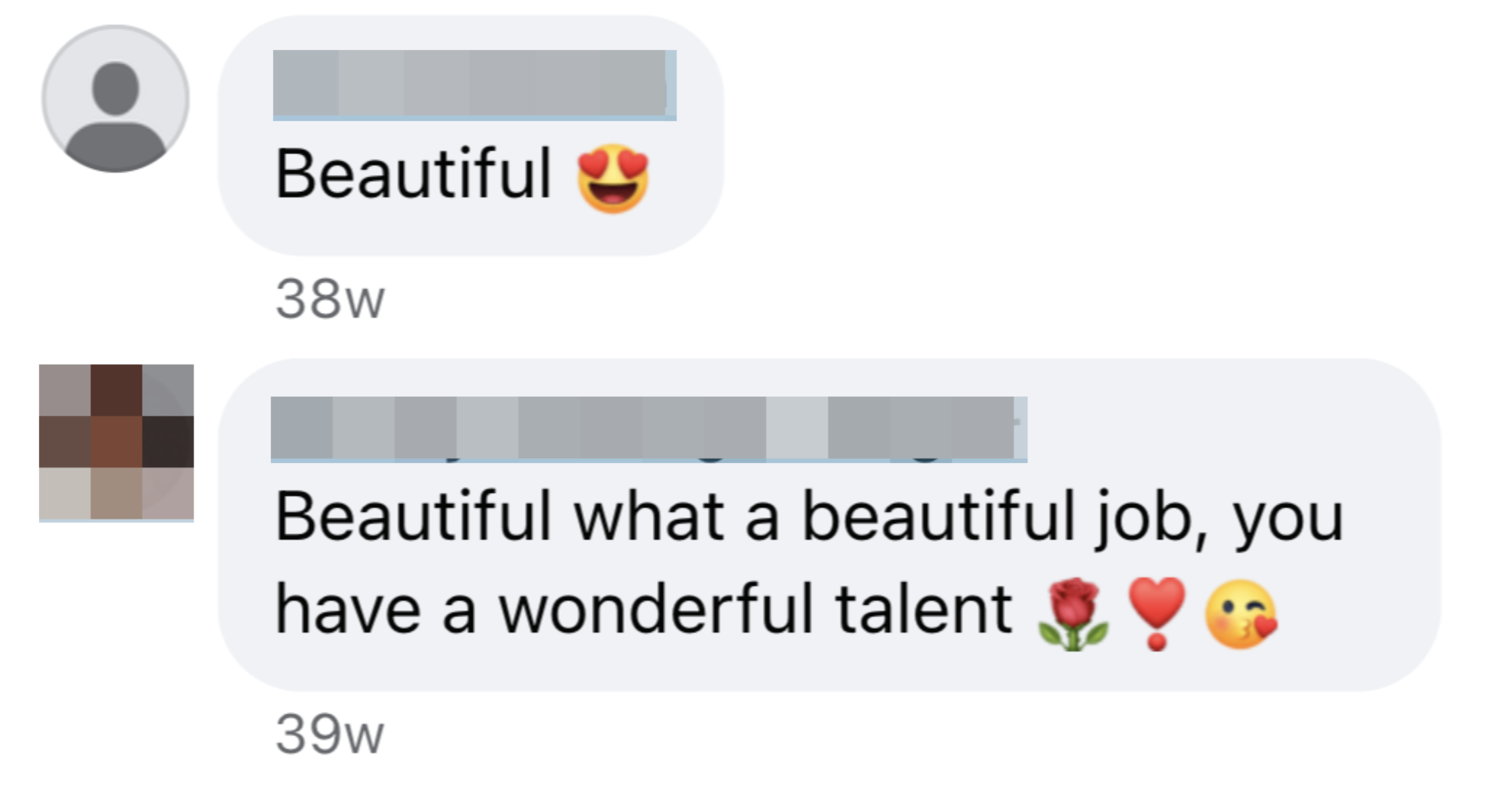 Comments praising someone's talent and beauty with heart and rose emojis