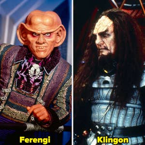 Two "Star Trek" aliens: a Ferengi in ornate clothing and a Klingon in metallic armor