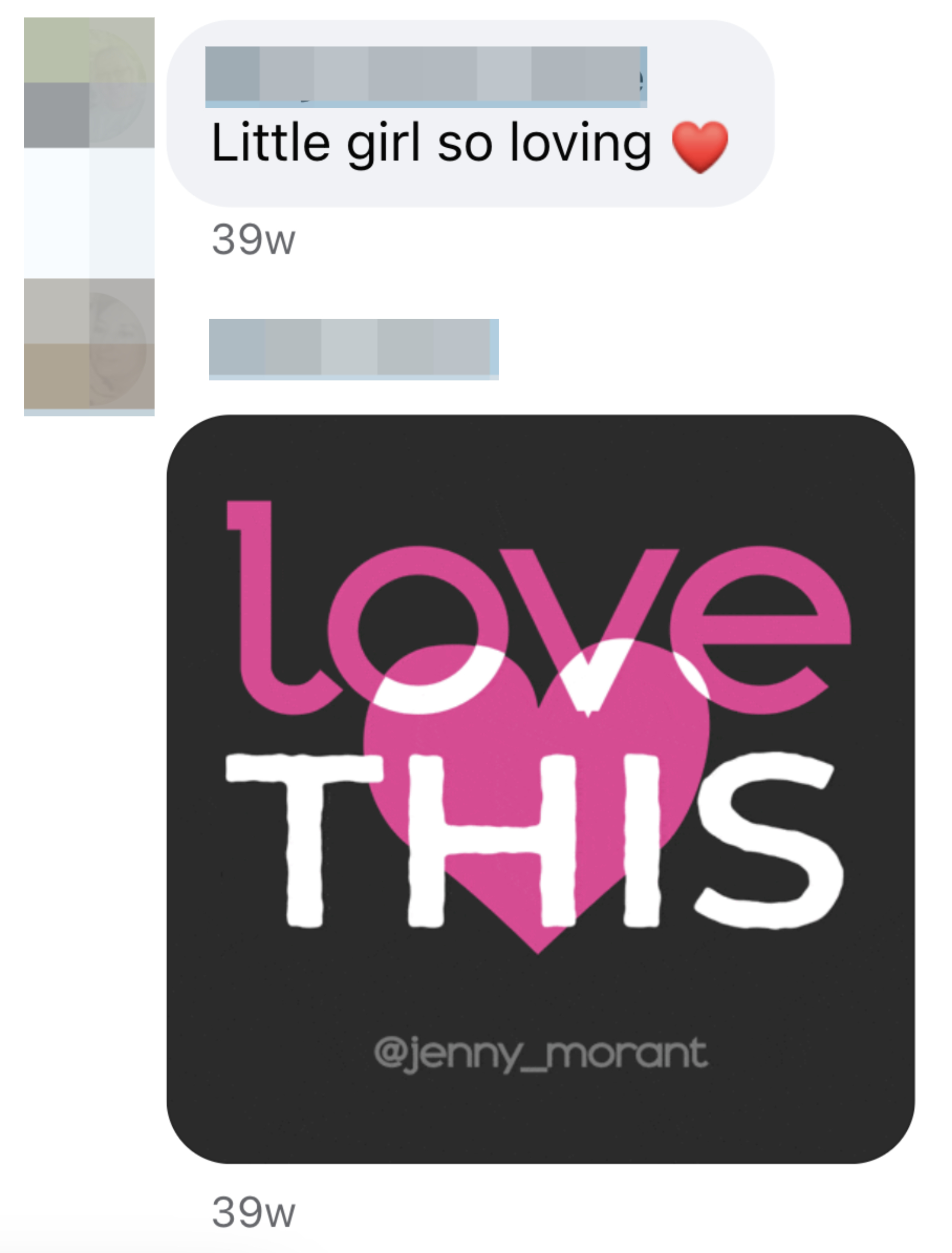 A Facebook comment saying "Little girl so loving ❤️" with a response, "love THIS," featuring a large heart