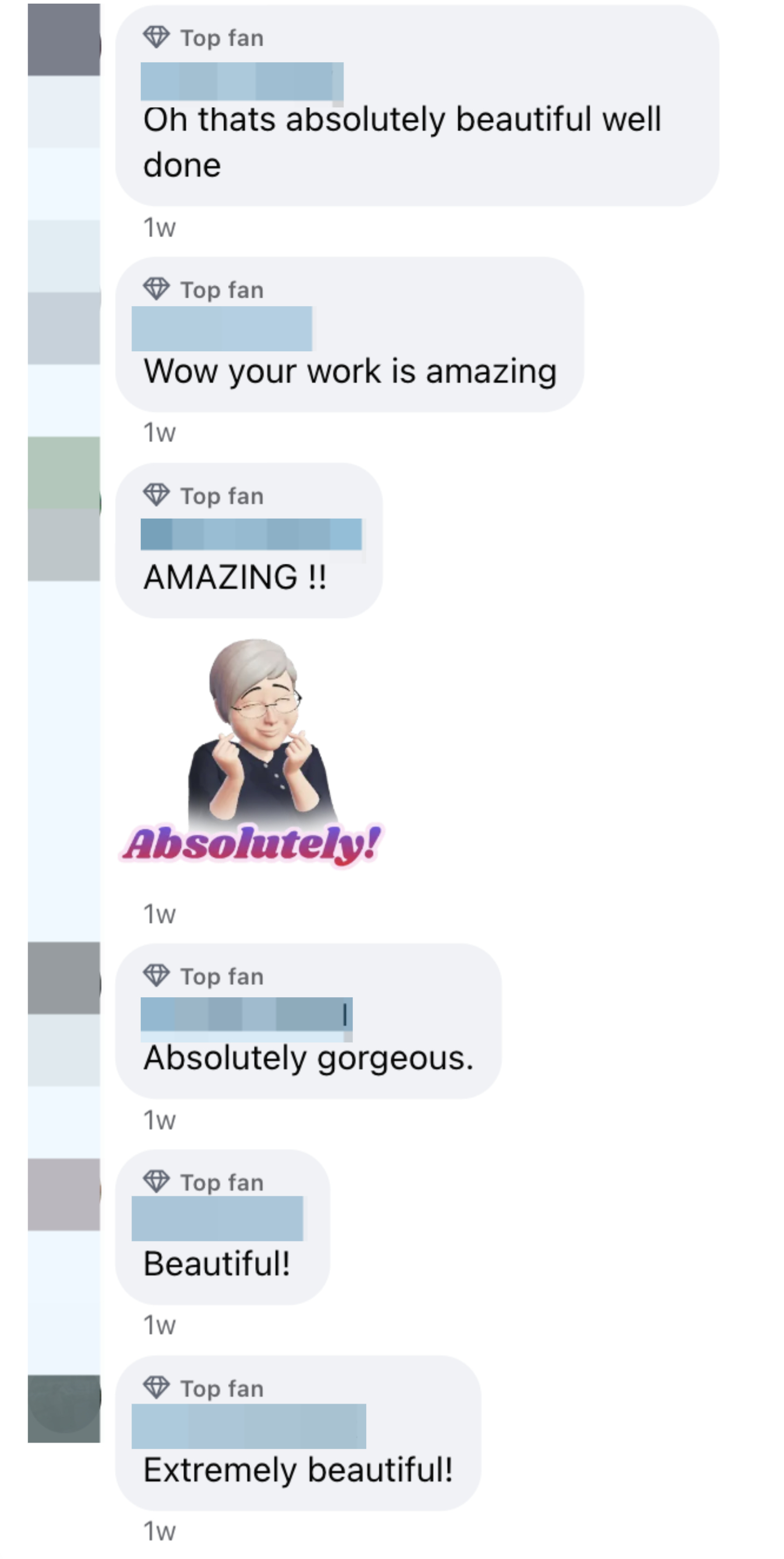 Comments praising someone's work as beautiful, amazing, and gorgeous, with one "Absolutely!" sticker