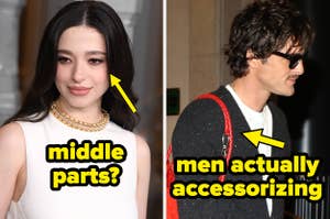 Left: Person with a middle-part hairstyle wearing a sleeveless top. Right: Person in a black cardigan and sunglasses accessorizing with a bag