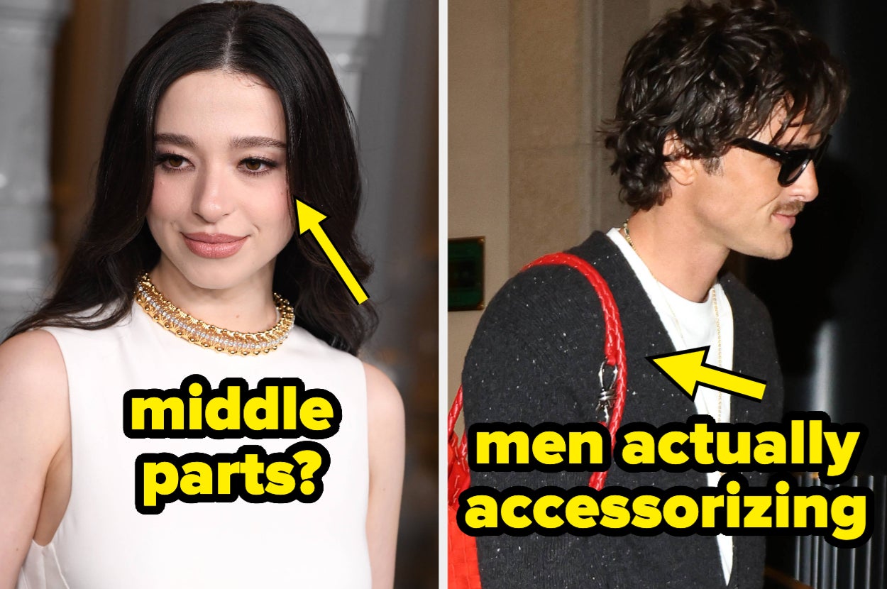 Left: Person with a middle-part hairstyle wearing a sleeveless top. Right: Person in a black cardigan and sunglasses accessorizing with a bag
