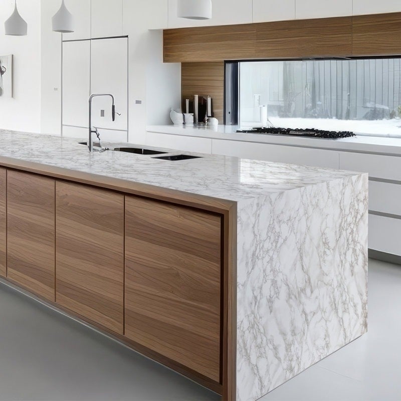 the marble contact paper on a kitchen counter