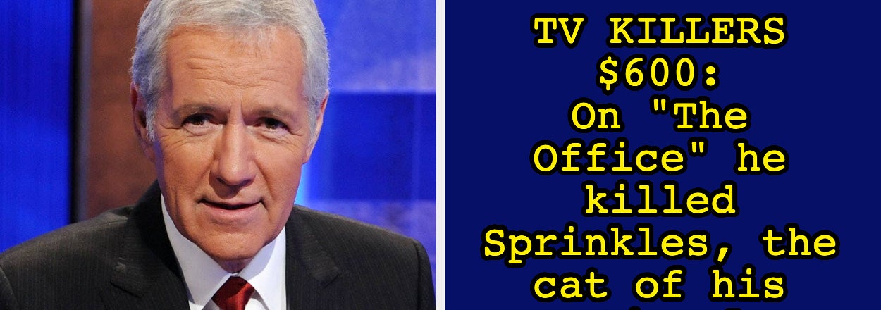 Game show host with text about a $600 clue: "On 'The Office' he killed Sprinkles, the cat of his sometime love interest Angela."