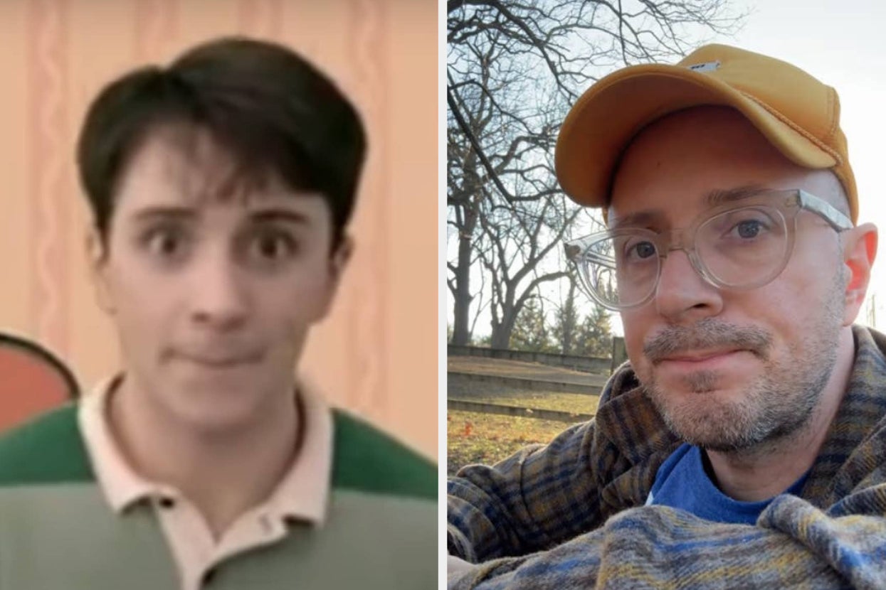 Two side-by-side photos of a person: left from a TV show, right a recent casual selfie outdoors wearing glasses and a cap