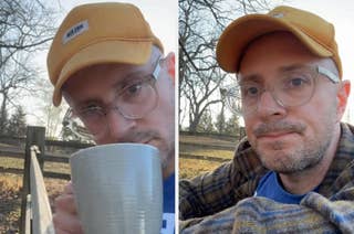 Person wearing a cap and glasses, holding a mug outdoors. Casual attire and relaxed setting with trees in the background