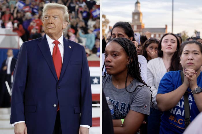 On the left, Donald Trump, in a suit, stands at a public event. On the right, a group of people watch attentively, expressing various emotions