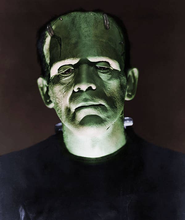 Boris as Frankenstein's monster in classic movie makeup with bolts in neck, staring forward