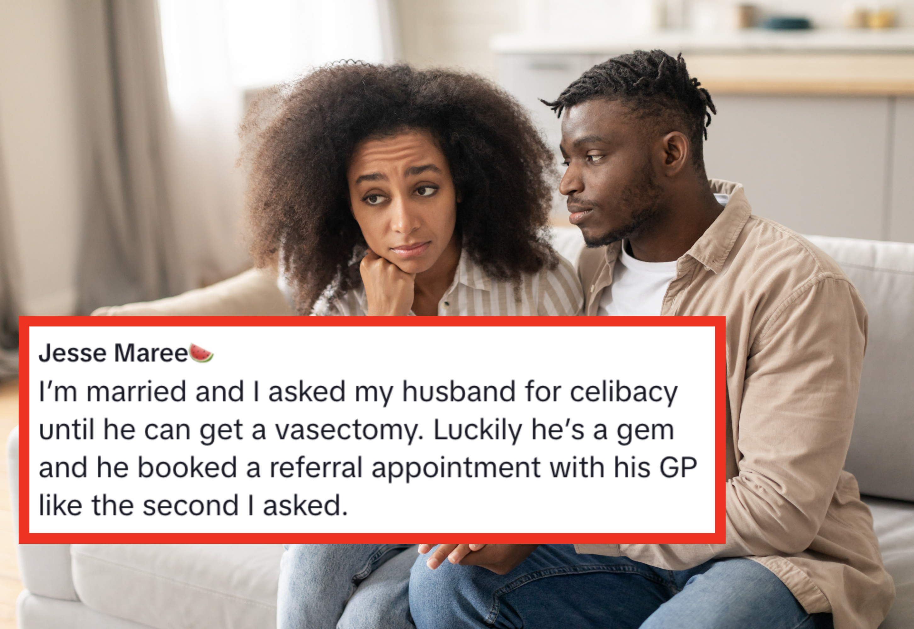 A couple sits on a couch; the woman appears upset, while the man offers comfort by holding her hand and speaking softly