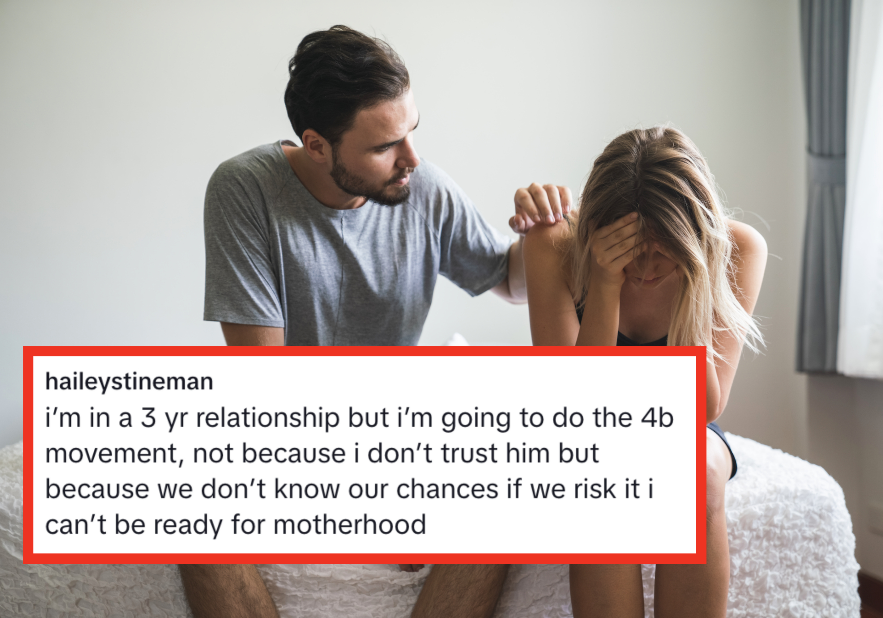 Man comforts a woman who is sitting on a bed with her head in her hands, conveying a moment of emotional support