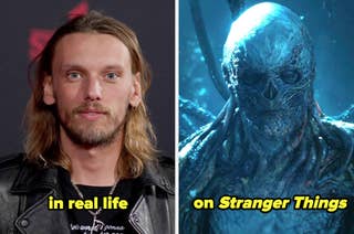 Jamie Campbell Bower in casual attire beside his creature character Vecna in 