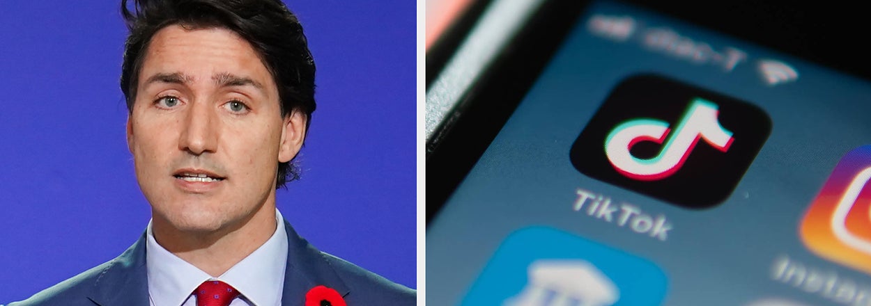 A man in a suit speaks at a podium next to a close-up of a TikTok app icon on a smartphone screen
