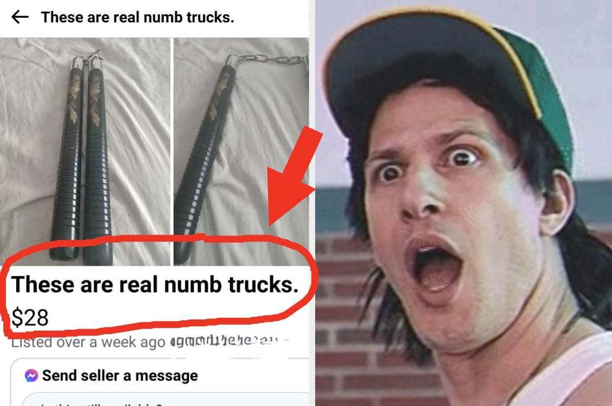 Meme showing nunchucks listed as "numb trucks" for $28, with a surprised reaction image to the right