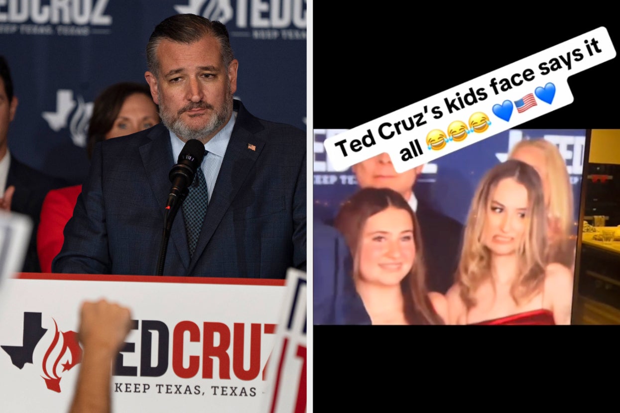 A person stands at a podium with "Ted Cruz" signage. Next to it, a photo of two people, one making a humorous face with a caption about Cruz's kids