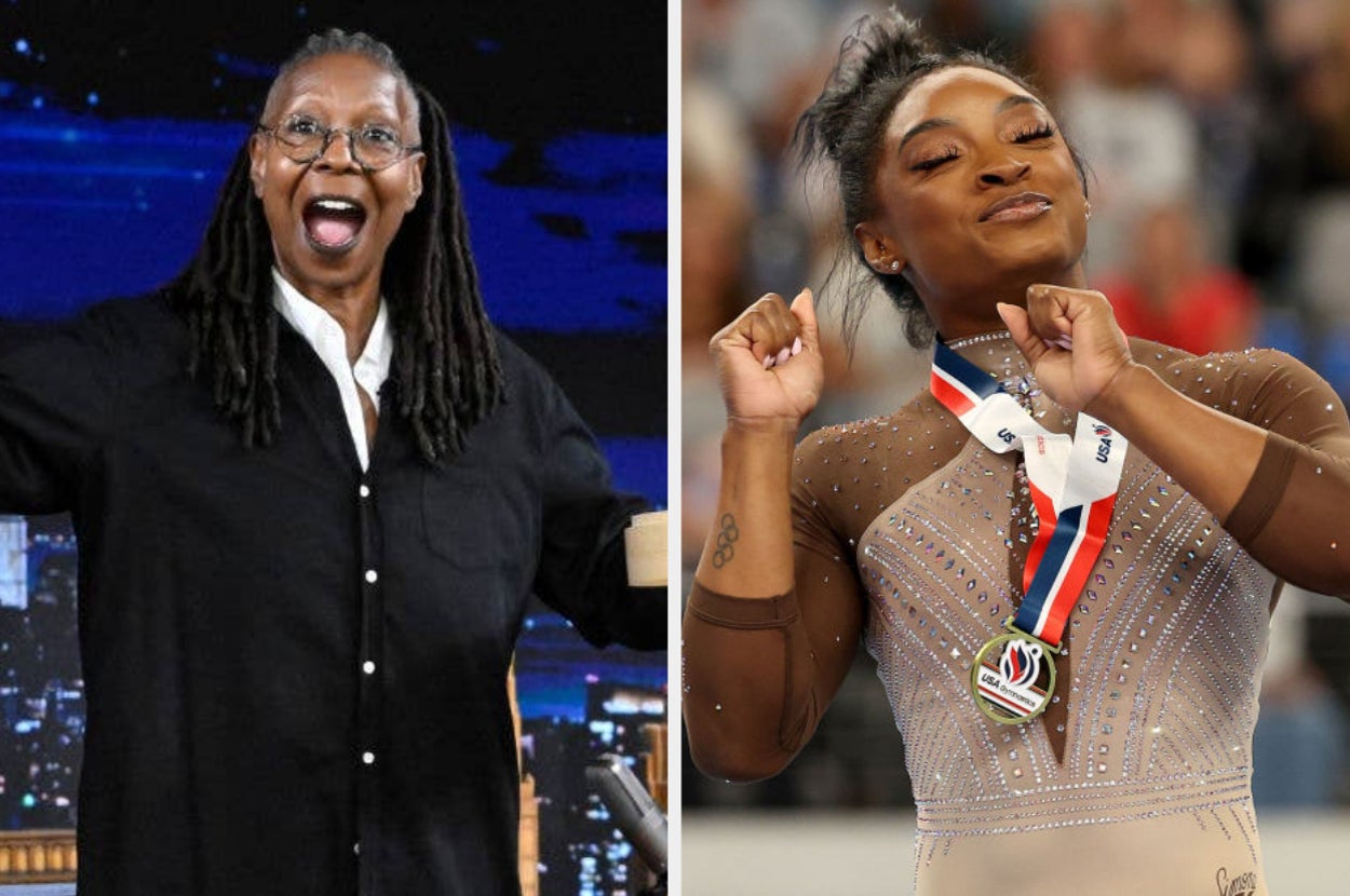 Two women celebrate: one in a black outfit and glasses, the other, a gymnast, wears a leotard and medals