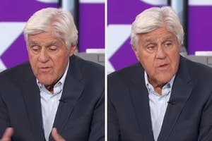 An older man in a suit speaks during an interview, gesturing with his hands