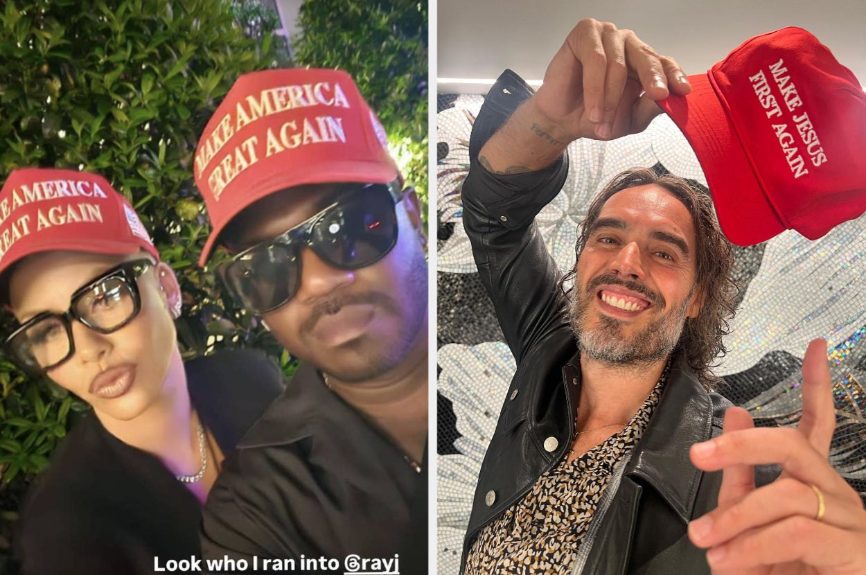 Two individuals in stylish outfits wearing "Make America Great Again" hats. Second person holds a hat saying "Make Jesus Great Again."