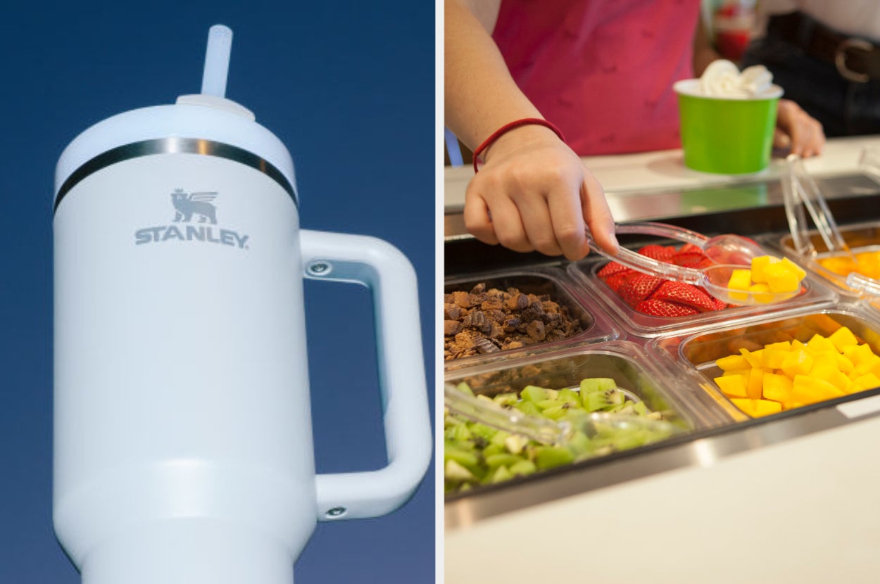 Left: Large insulated mug with a straw. Right: Person serving toppings at a yogurt or dessert bar, including strawberries, mango, and kiwi