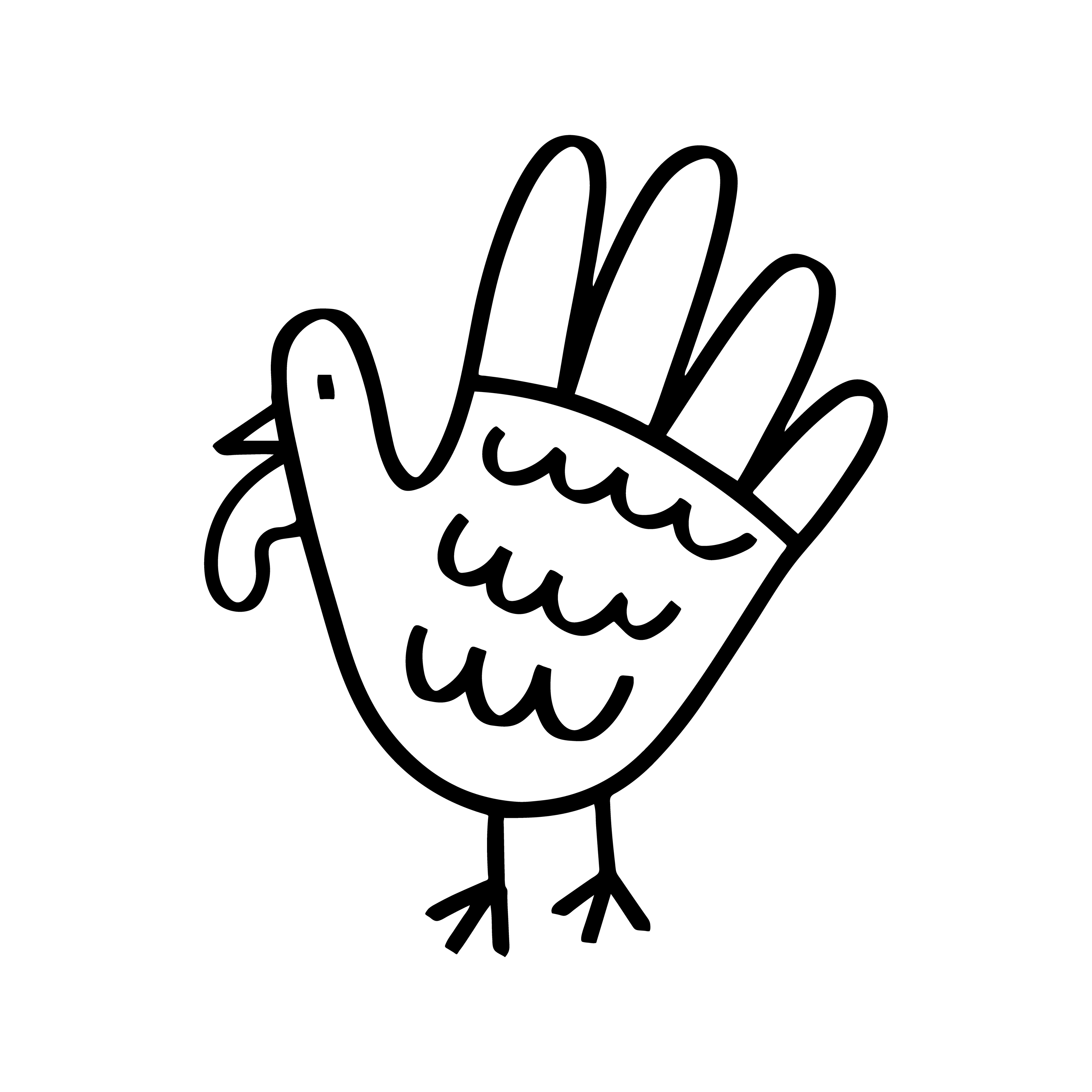 Hand-drawn outline of a turkey made from a handprint, with fingers as feathers