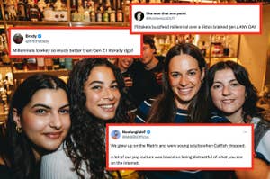 A group of people smiling at a party. Overlaid tweets discuss generational differences between Millennials and Gen Z