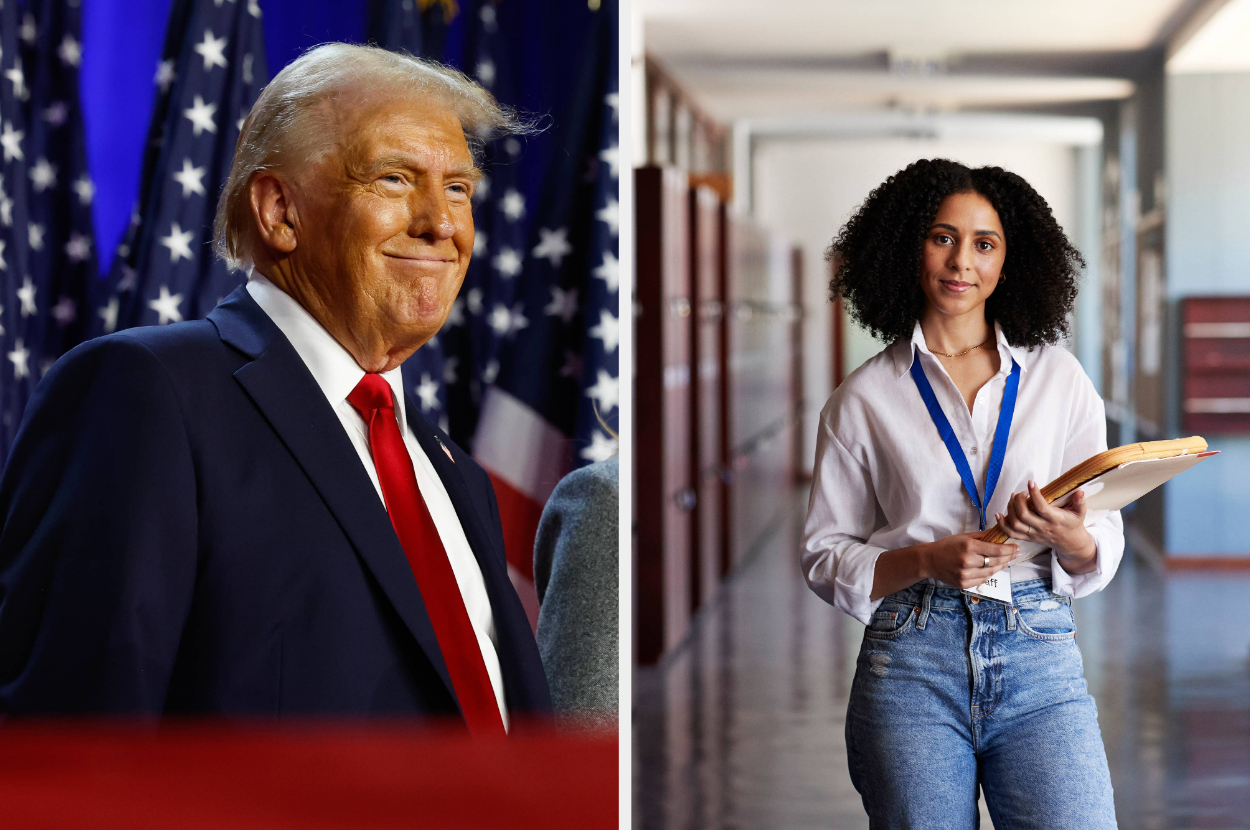 Left: Person in a suit and red tie at an event. Right: Person holding documents, wearing a white shirt and jeans, standing in a hallway