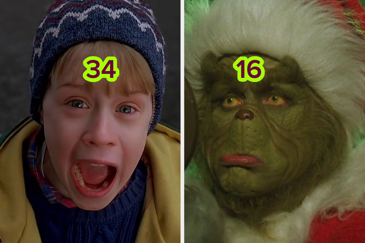 Two characters side by side: a surprised young child wearing a winter hat (34) and a green, furry character with a Santa hat (16)