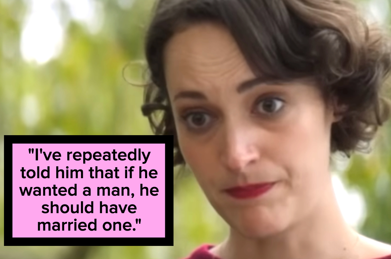 Woman with short hair and red lipstick appears serious, with text: "I've repeatedly told him that if he wanted a man, he should have married one."