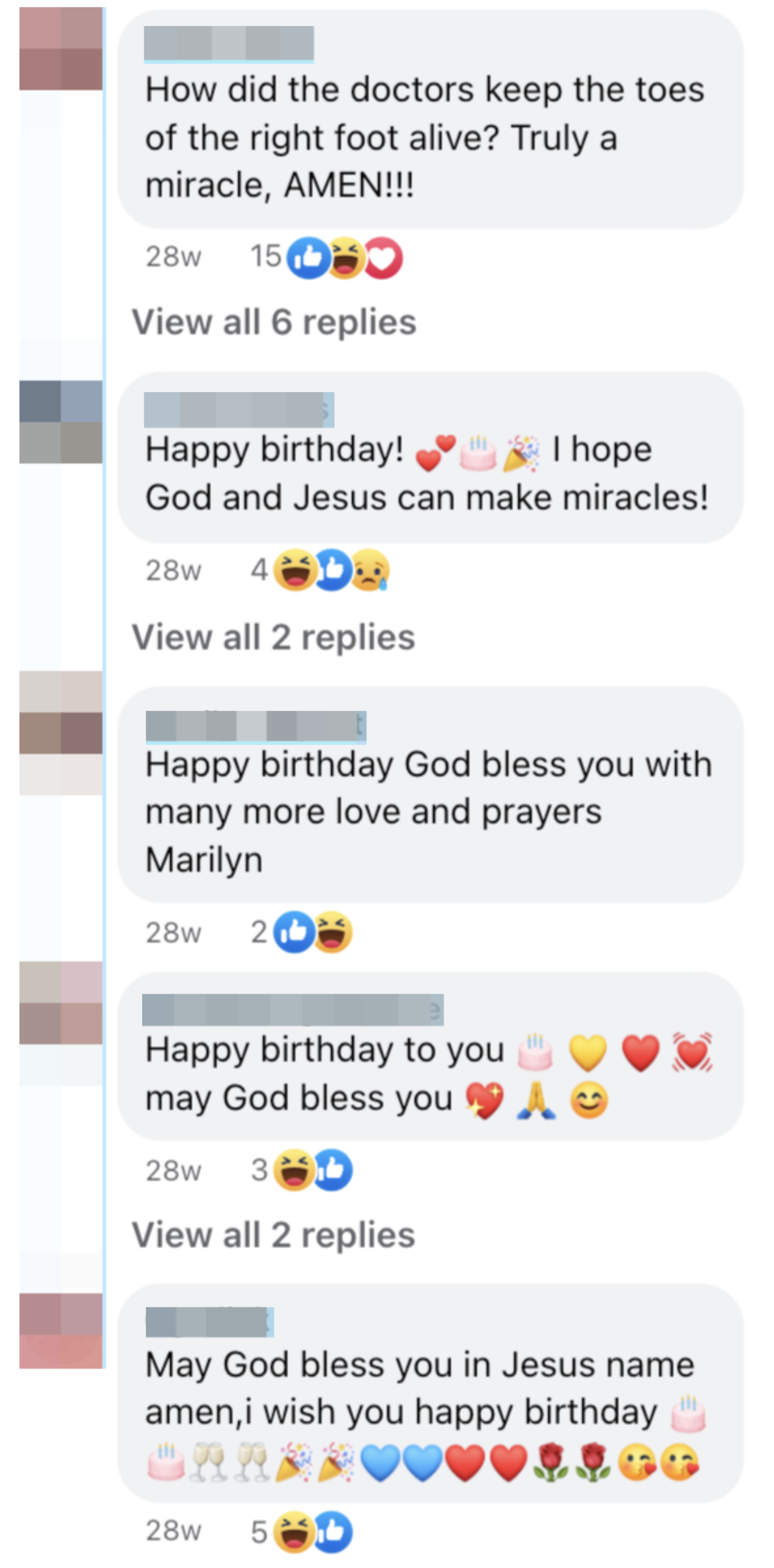 Comments on a post: wondering how child's toes are still attached, birthday wishes with blessings, love, and emojis like hearts, cake, and praying hands