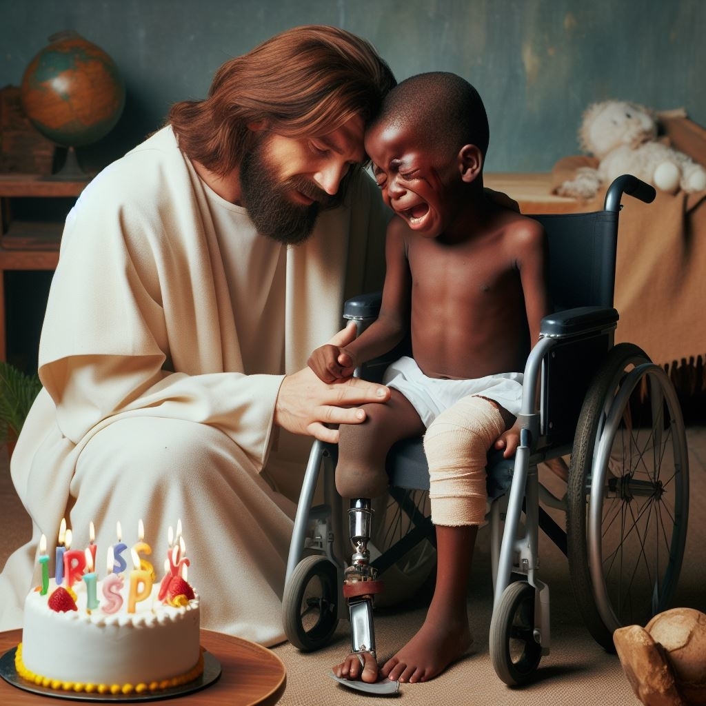 AI image: Jesus comforts a wailing child in a wheelchair with a prosthetic leg next to a birthday cake on a table; child's toes are still attached to the prosthetic