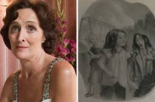 Aunt Petunia in the movies alongside an illustration of Petunia, Lily, and Snape in the books