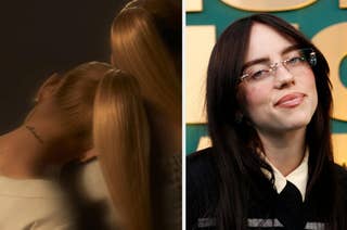 Left: Three women with long, sleek ponytails are posed together. Right: Person wearing glasses and a sweater smiles at the camera