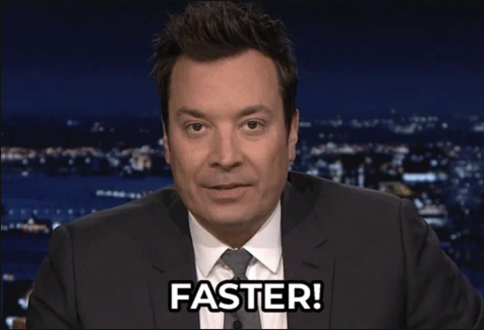 Talk show host, in a suit, looks at the camera with "FASTER!" in bold text below