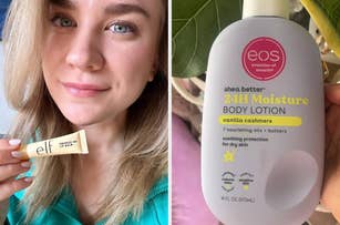 A person with light hair holds e.l.f. lip balm. Next to them is a bottle of eos 24H Moisture Body Lotion, vanilla cashmere scent