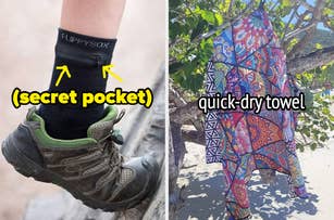 Sock with a hidden pocket next to a hiking boot; colorful quick-dry towel draped over a branch