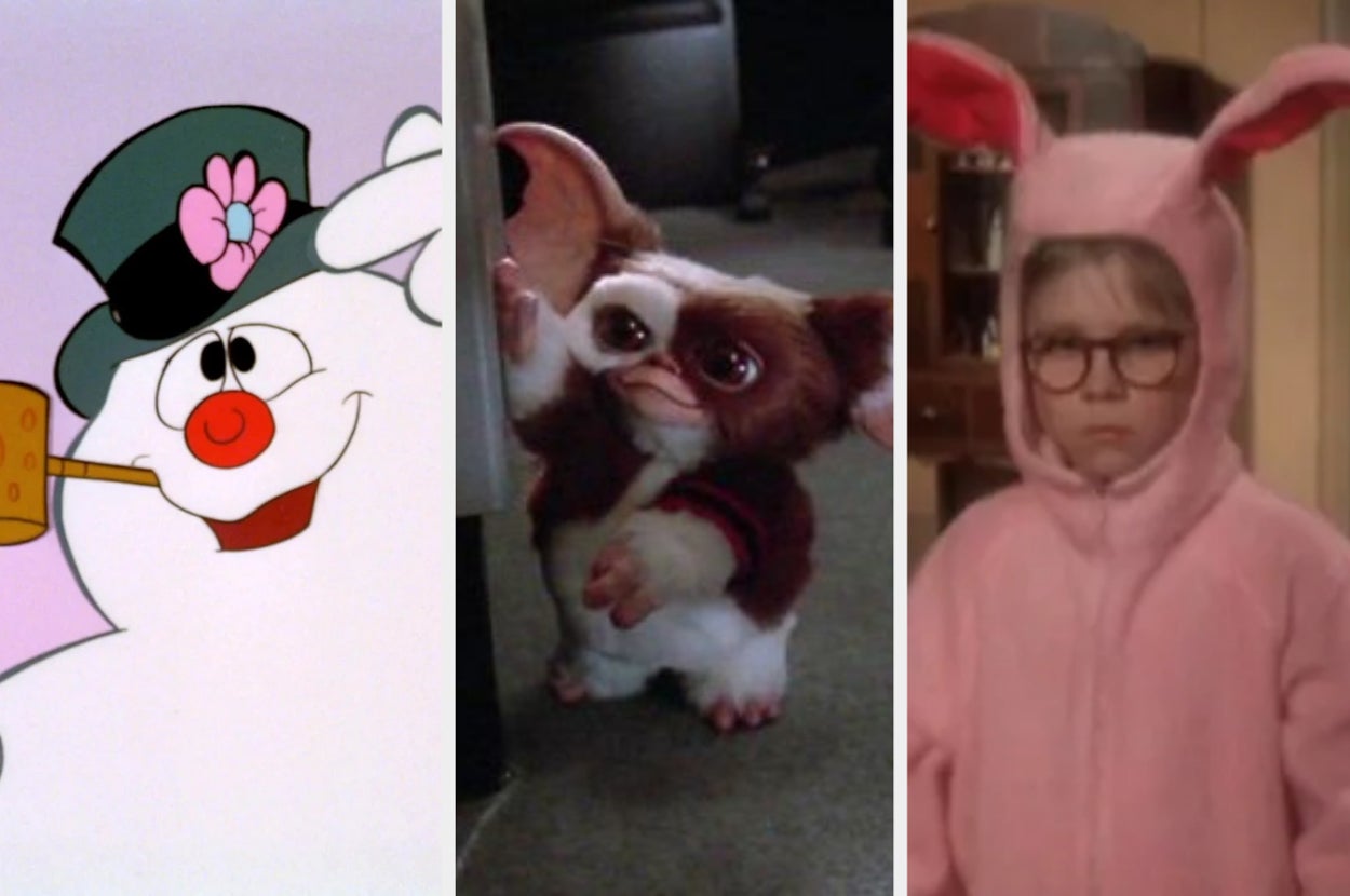 Animated Frosty the Snowman, Gizmo the Mogwai, and a child in a pink bunny suit, side by side