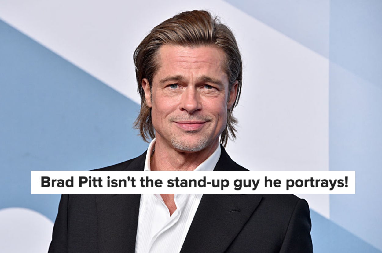 Brad Pitt in a suit with text: "Brad Pitt isn't the stand-up guy he portrays!"