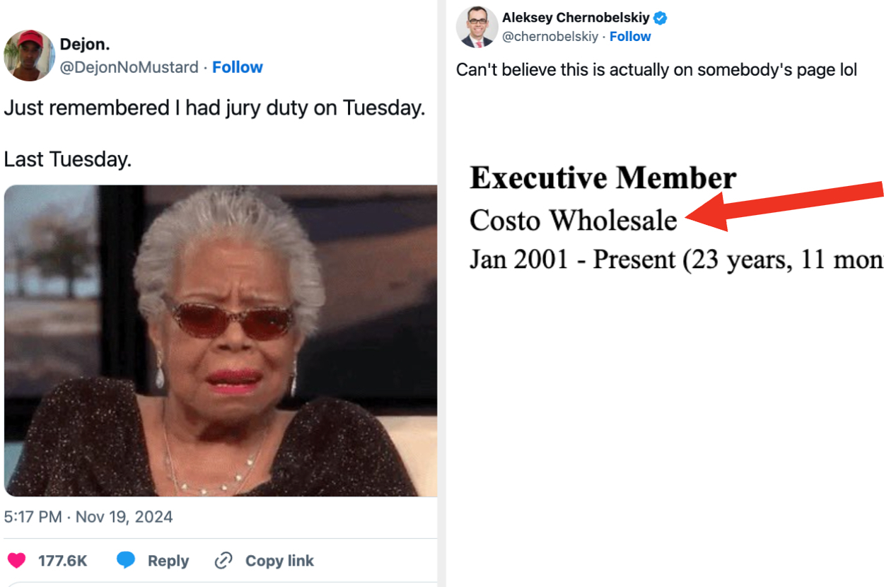 Maya Angelou in sunglasses looking surprised vs Screenshot of a Costco membership on LinkedIn titled “Executive Member”