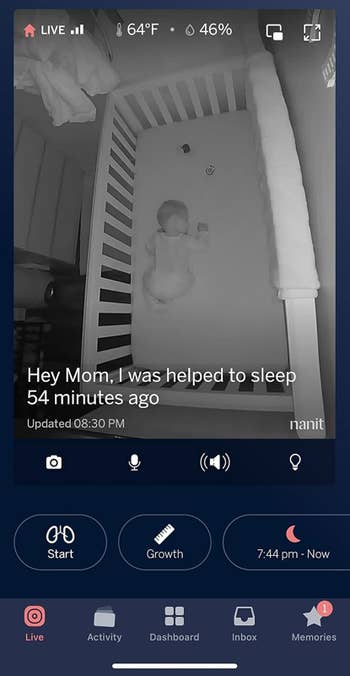 Baby sleeping successful a crib with a caption astir caller bedtime. Monitoring app interface shows temperature, humidity, and slumber tracking options