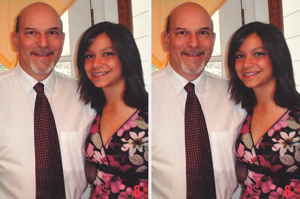 Man in a white shirt and patterned tie with a young woman in a floral dress, smiling together indoors