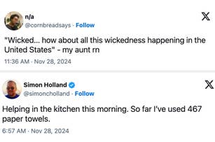 Two tweets: 1) Aunt remarks on "wickedness in the United States." 2) Simon humorously mentions using 467 paper towels in the kitchen