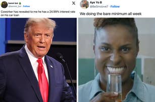 Donald Trump in a suit looking shocked vs Issa Rae smiles with a glass of champagne while standing in a mirror in a scene from Insecure