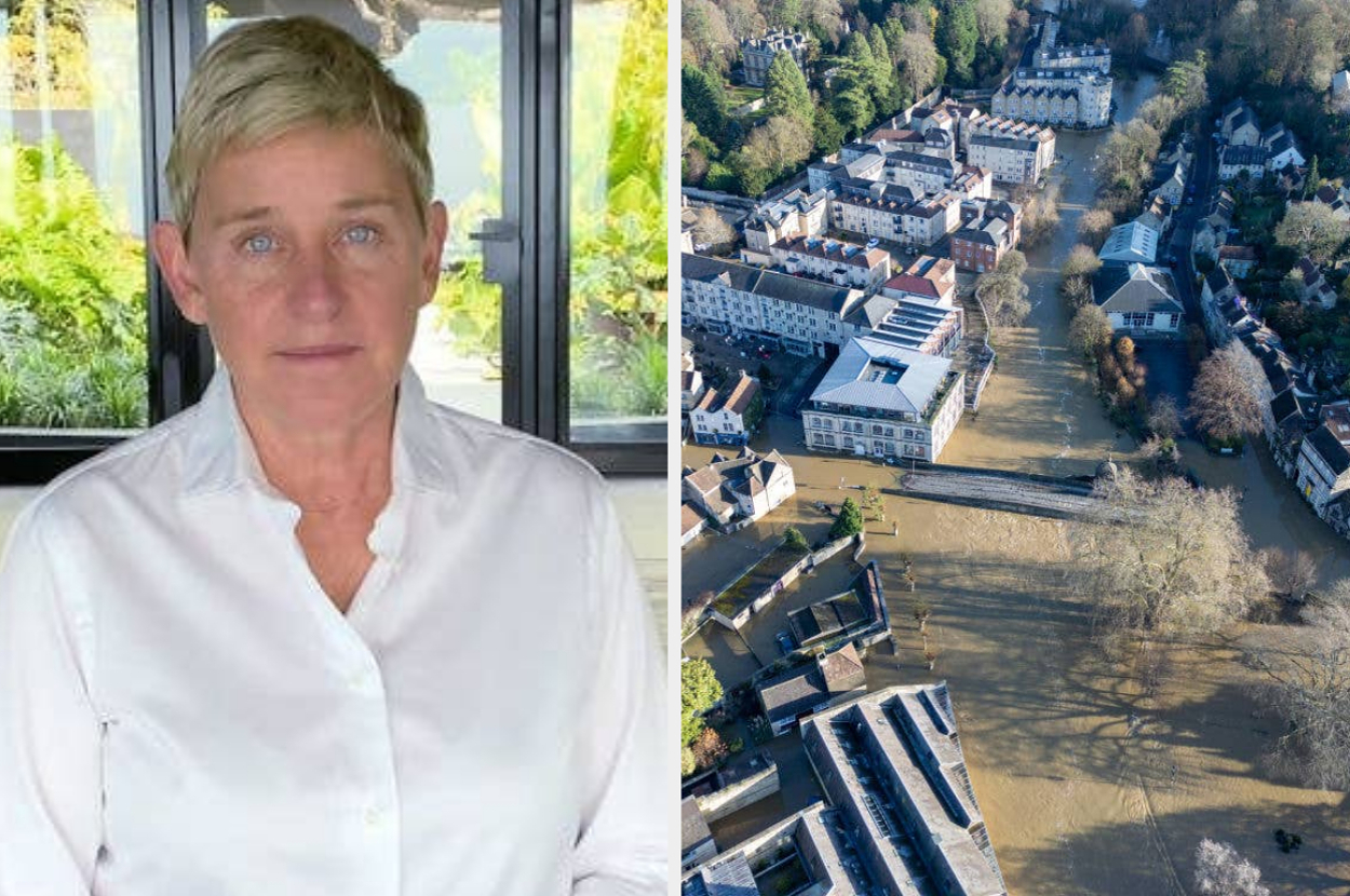 Person in white shirt standing indoors; aerial view of a town experiencing flooding
