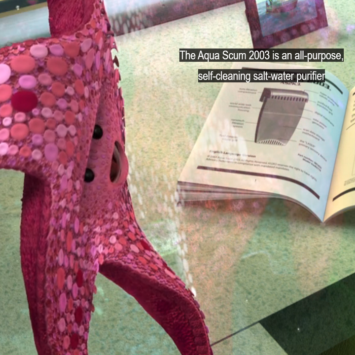 Starfish next to an open book displaying text about the Aqua Scum 2003, a self-cleaning salt-water purifier
